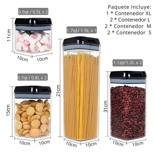 SET DE 7 CONTENEDORES HERMÉTICOS DE PLÁSTICO PARA COCINA Y DESPENSA