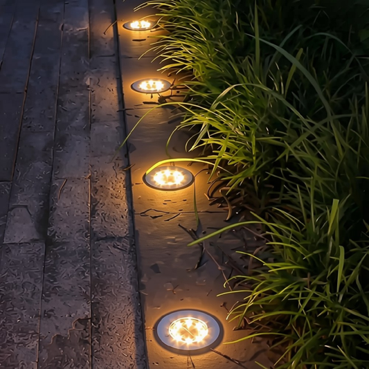 PACK 4 FOCOS SOLARES LED JARDÍN ESTACA 8 LUCES EMBUTIDO LUZ CÁLIDA