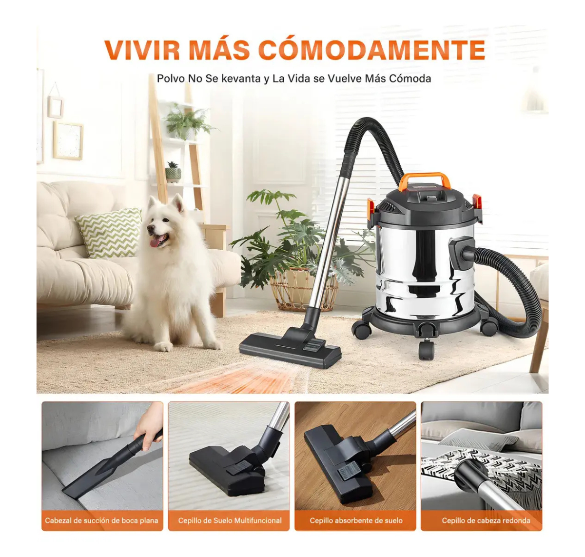 ASPIRADORA INDUSTRIAL ELÉCTRICA SÓLIDOS Y LÍQUIDOS 1500W 20L PLATEADA