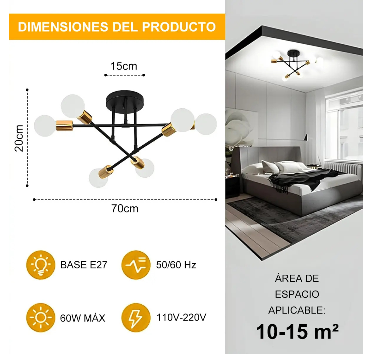 LÁMPARA DE TECHO MODERNA 6 LUCES E27 NEGRO Y DORADO