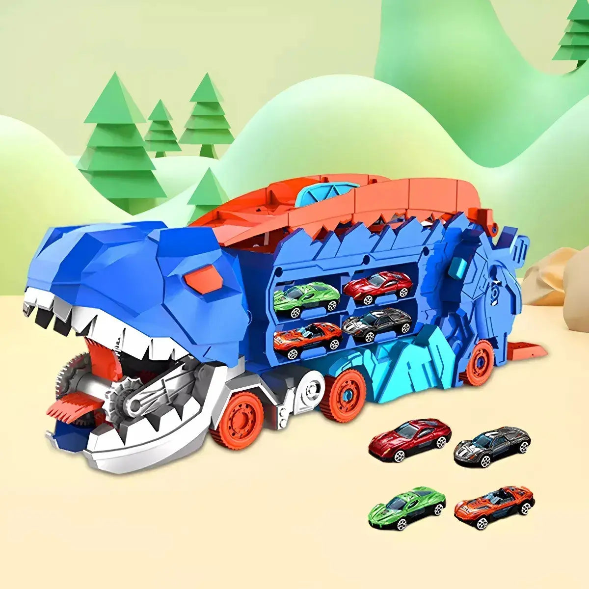 MINICAMIÓN DINOSAURIO CON 8 COCHES DE JUGUETE