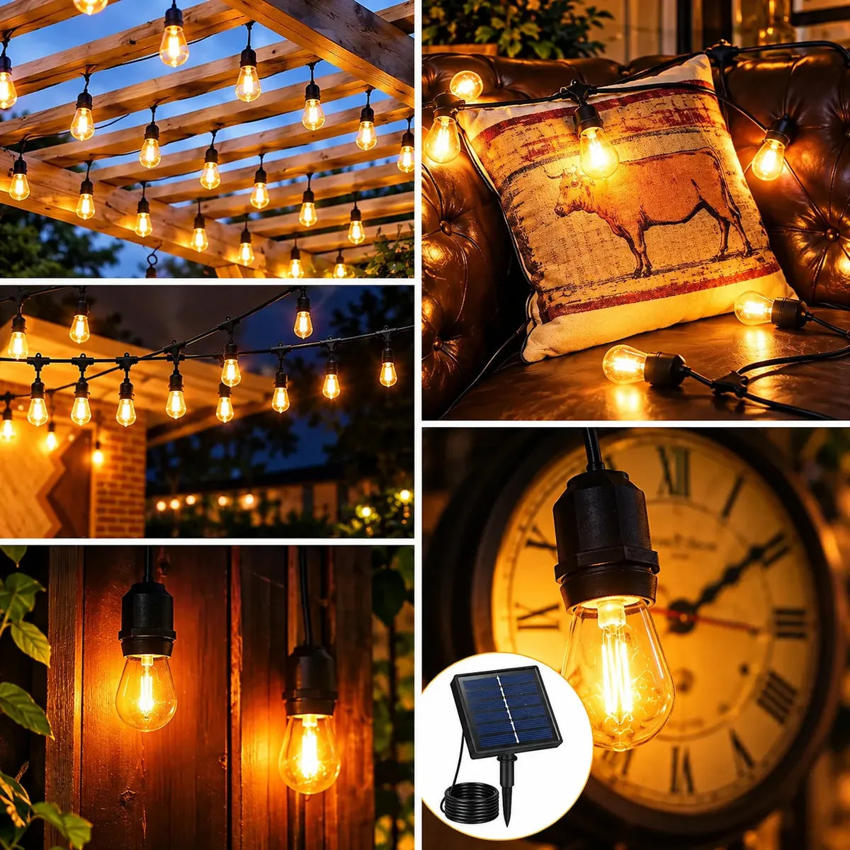 LUCES FUIRNALDA SOLAR LED 10 METROS CON 10 AMPOLLETAS VINTAGE LUZ CÁLIDA PARA EXTERIOR