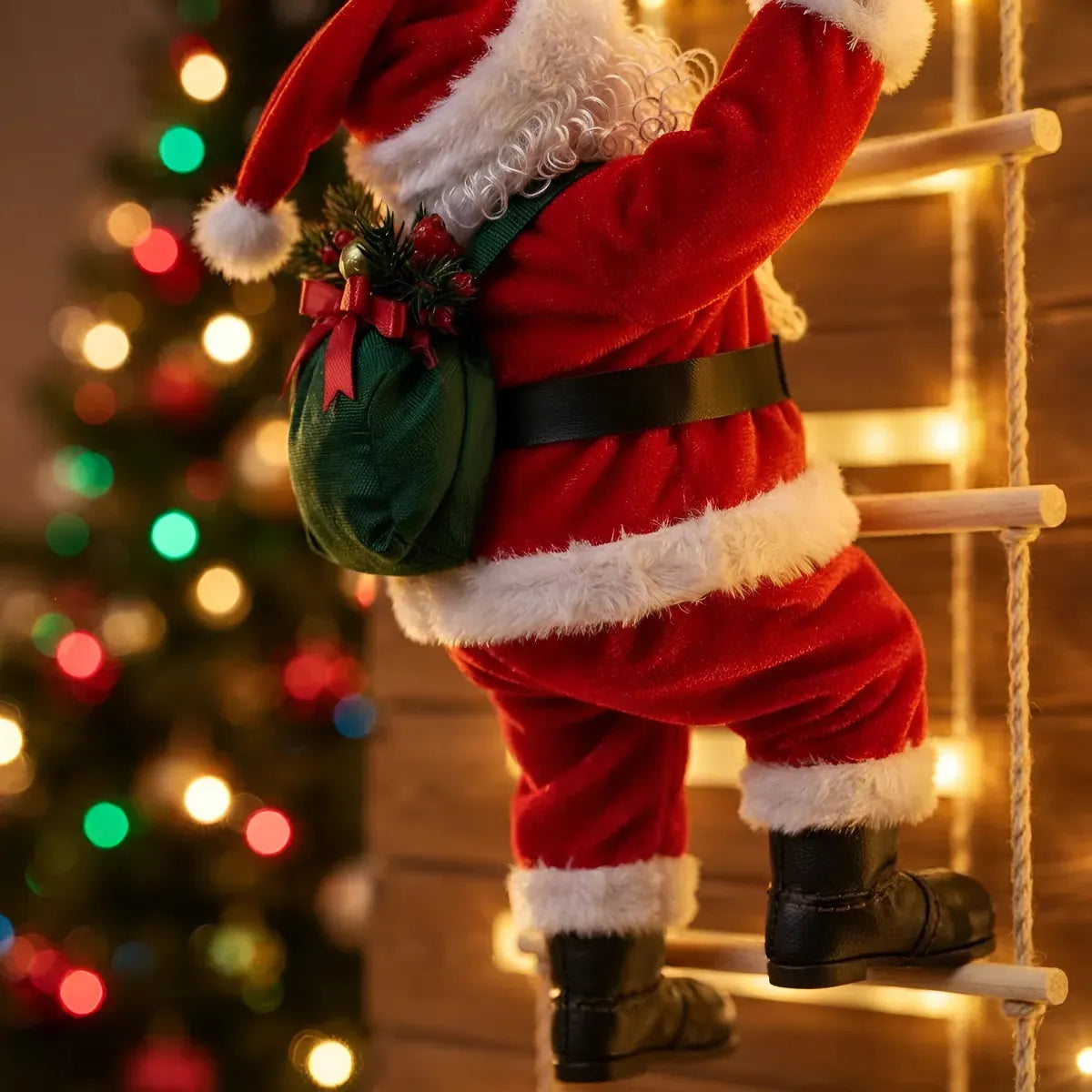 VIEJO PASCUERO ESCALADOR SOLAR + ESCALERA 160CM + LUCES LED NAVIDAD ROJO