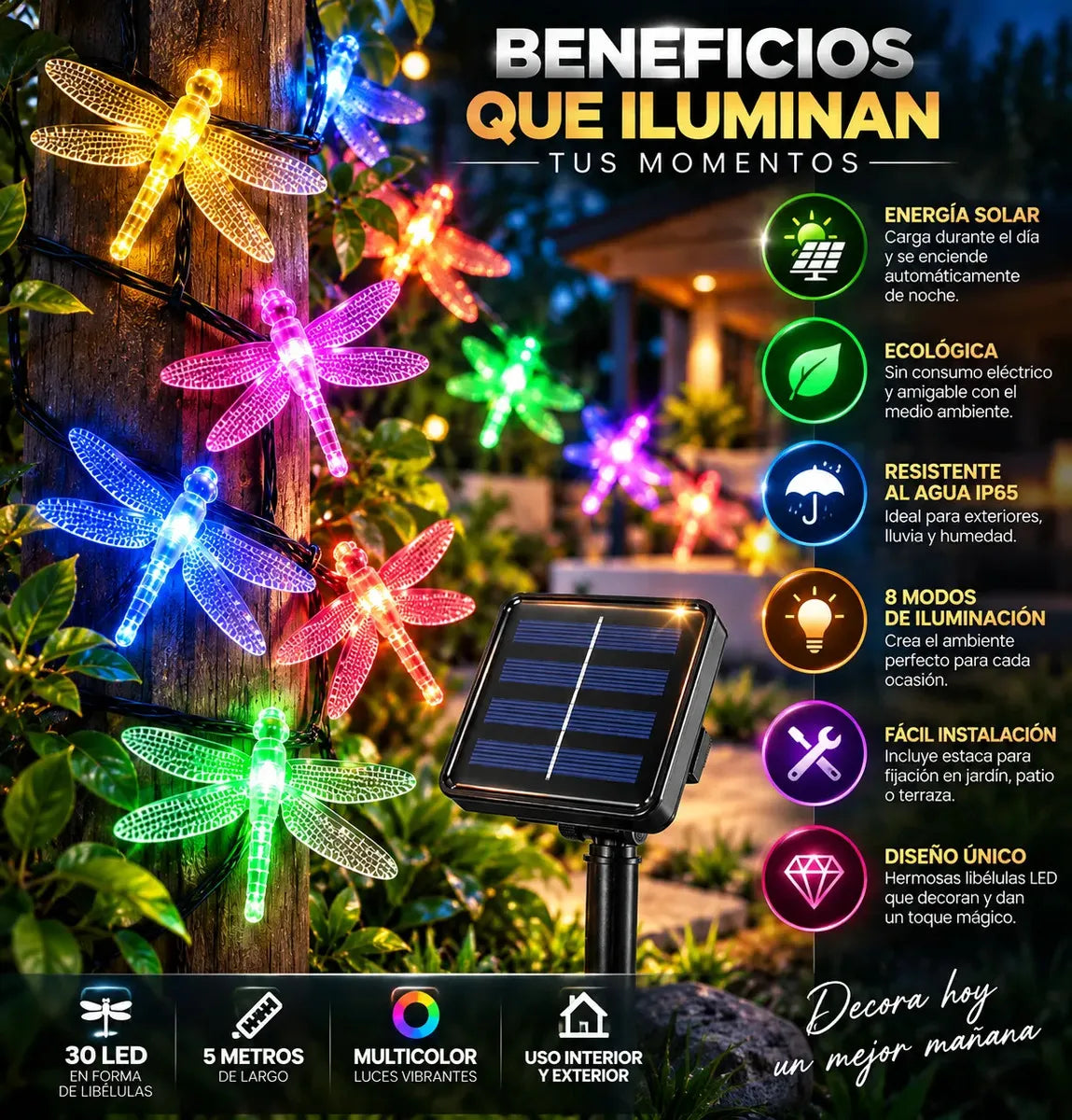 GUIRNALDA SOLAR LIBÉLULAS MULTICOLOR 60 LED 5 METROS