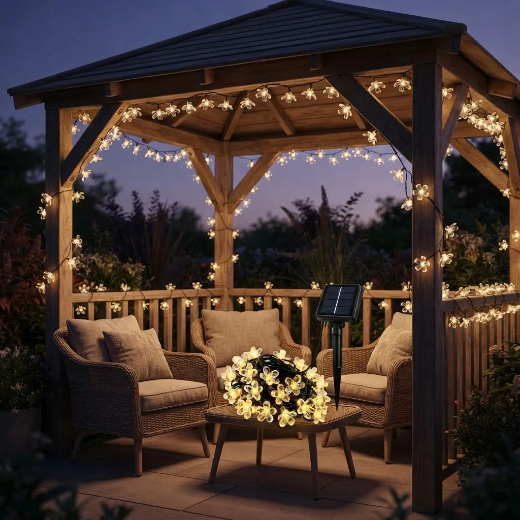 GUIRNALDA SOLAR DE FLORES LED LUZ CÁLIDA 30 LUCES PARA JARDÍN Y EXTERIOR