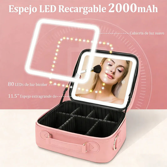 MALETA ORGANIZADORA DE MAQUILLAJE PORTÁTIL CON ESPEJO LED - ROSADO ELEGANTE