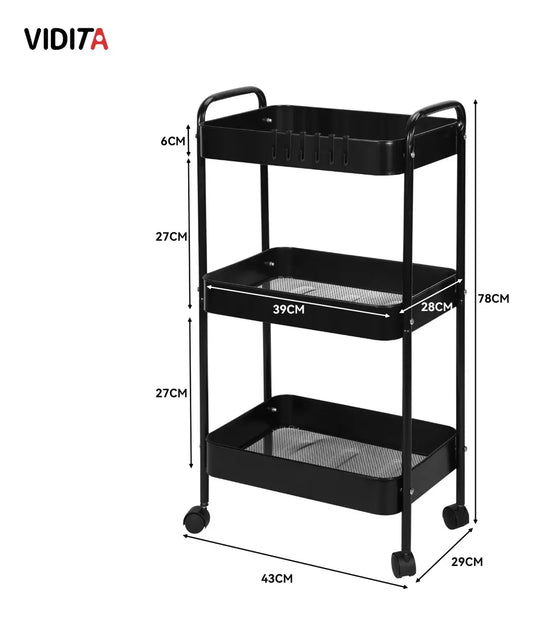 CARRITO 3 NIVELES CON RUEDAS BLOQUEABLES- NEGRO