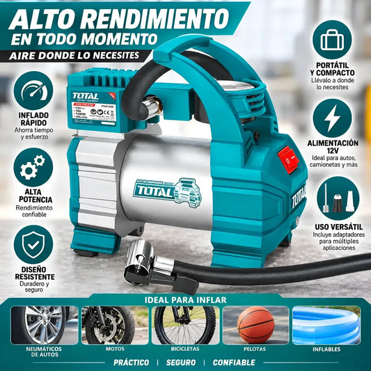 COMPRESOR DE AIRE PORTÁTIL TOTAL 12V 10A PARA AUTO + MANGUERA + ADAPTADORES