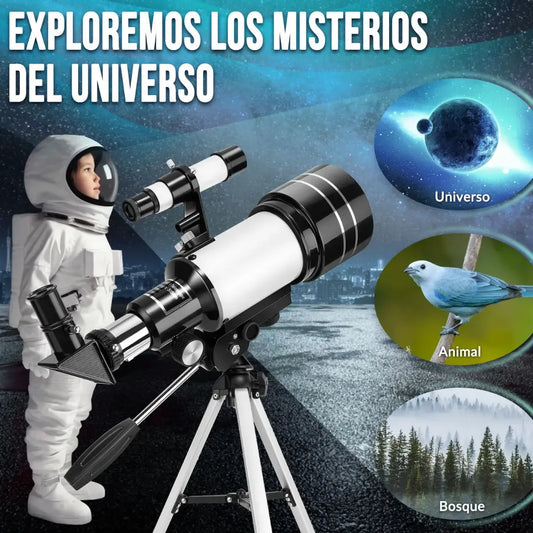 TELESCOPIO ASTRONÓMICO 70/300 MM 150X CON TRÍPODE Y SOPORTE PARA CELULAR