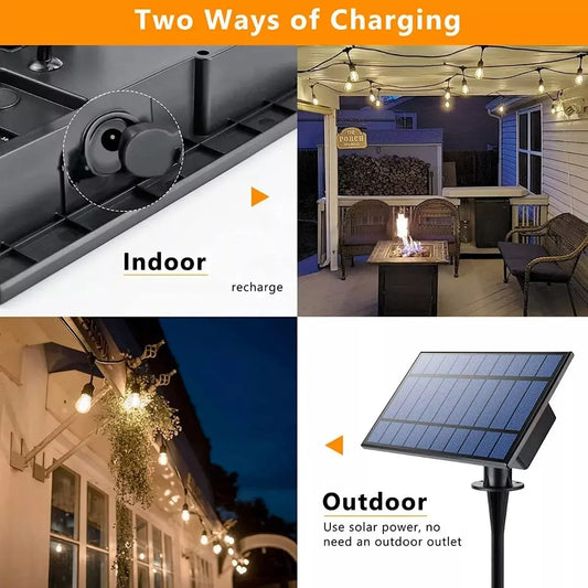 GUIRNALDA SOLAR LED 5 METROS LUZ AMARILLA + 10 AMPOLLETAS 8 MODOS - CABLE NEGRO IP65