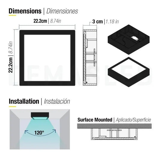 FOCO LED NEGRO 18W PLAFÓN CUADRADO SOBREPUESTO 22X22 CM LUZ FRÍA 220V