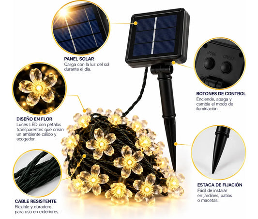 GUIRNALDA SOLAR DE FLORES LED LUZ CÁLIDA 30 LUCES PARA JARDÍN Y EXTERIOR