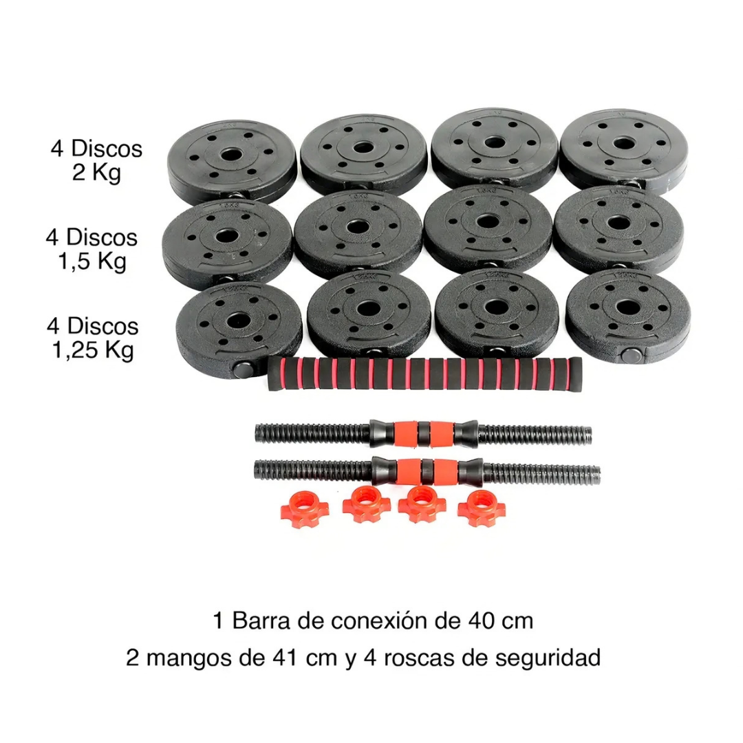 SET DE MANCUERNAS AJUSTABLES 10 KG CON BARRA EXTENSIBLE Y DISCOS NEGROS