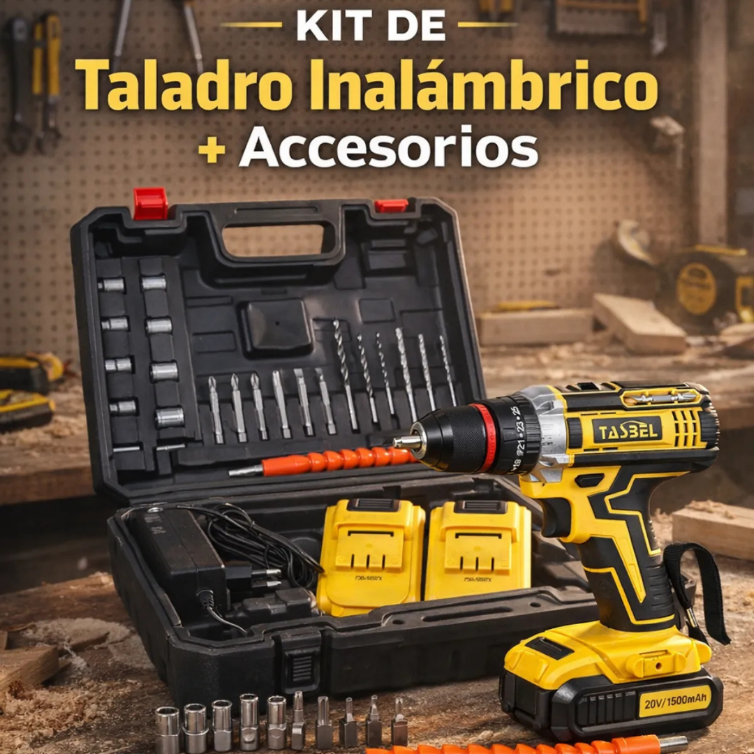 KIT TALADRO INALÁMBRICO CON 2 BATERÍAS Y ACCESORIOS