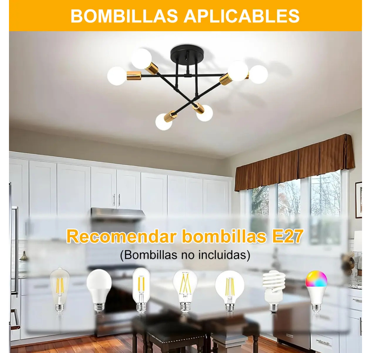 LÁMPARA DE TECHO MODERNA 6 LUCES E27 NEGRO Y DORADO