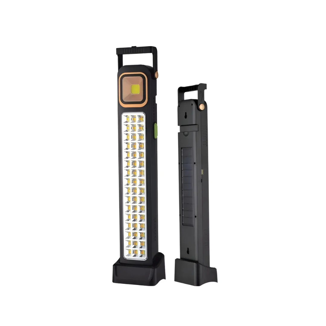 LÁMPARA SOLAR DE EMERGENCIA RECARGABLE 48 LED + FOCO COB USB-C NEGRA
