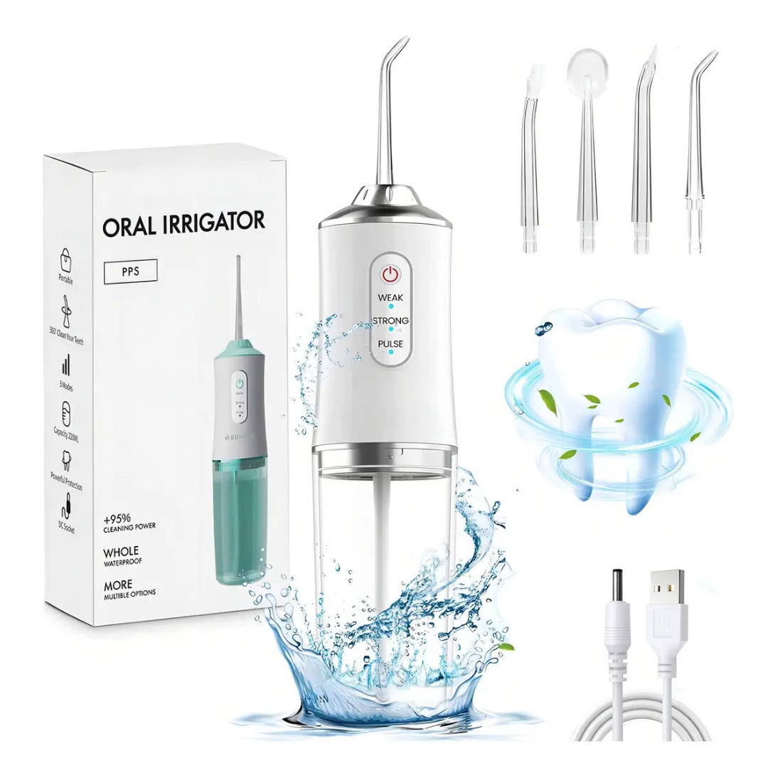 IRRIGADOR BUCAL RECARGABLE PORTÁTIL PARA DIENTES CON 4 BOQUILLAS