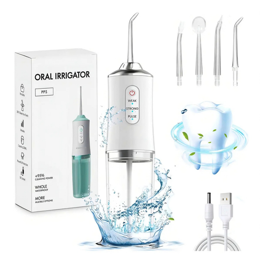 IRRIGADOR BUCAL RECARGABLE PORTÁTIL PARA DIENTES CON 4 BOQUILLAS