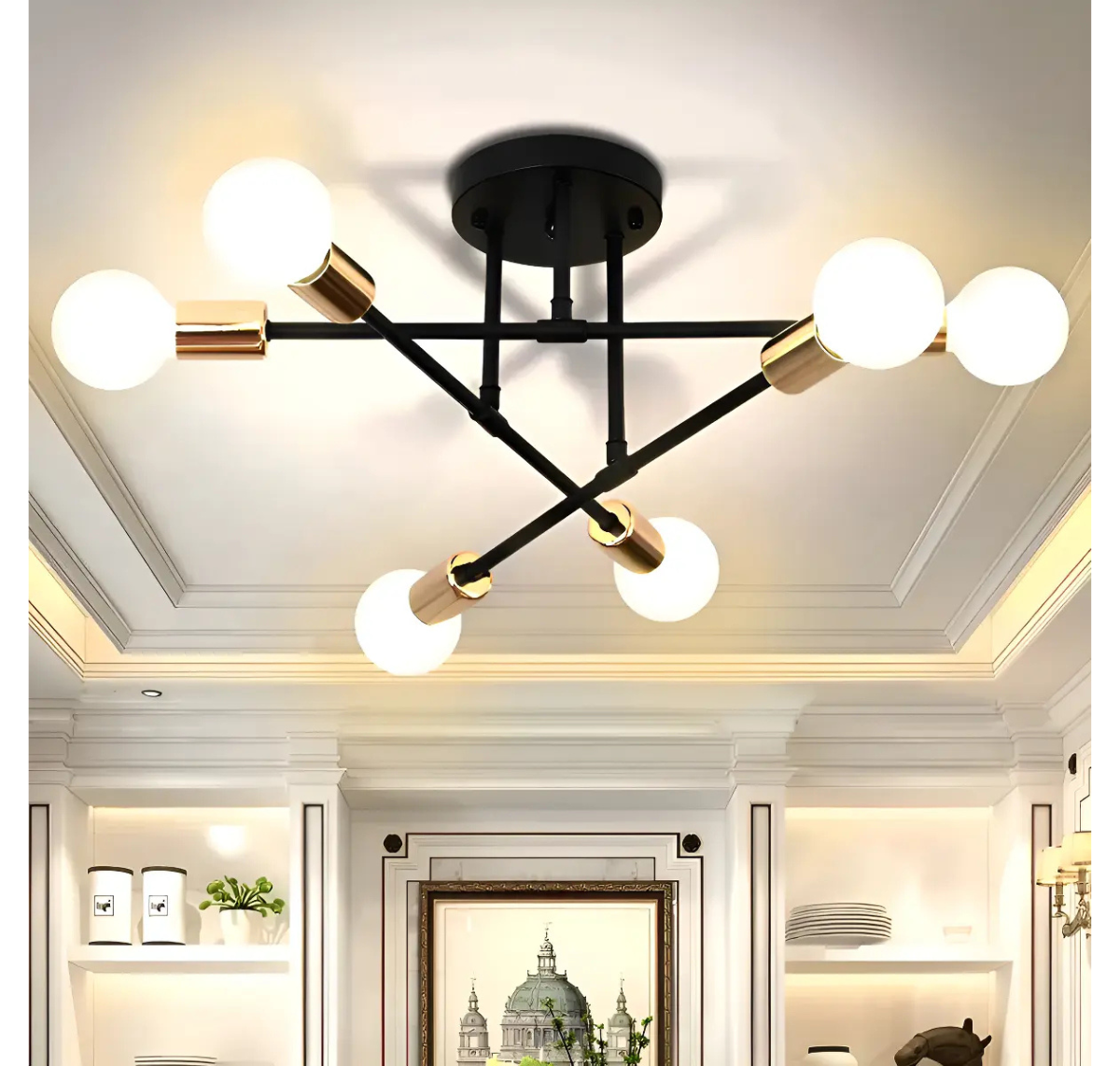LÁMPARA DE TECHO MODERNA 6 LUCES E27 NEGRO Y DORADO