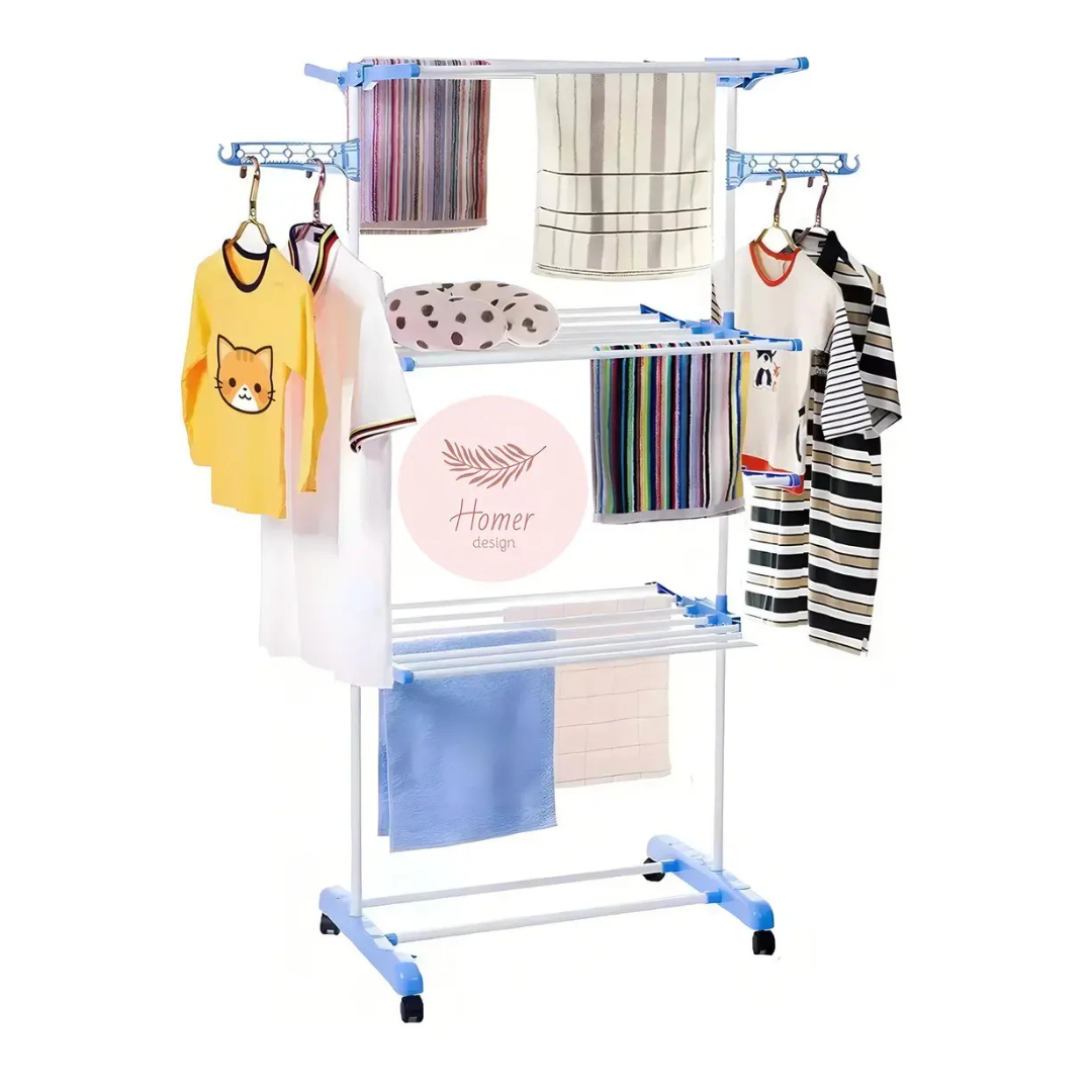 TENDEDERO DE ROPA COLGADOR PERCHERO PLEGABLE 3 NIVELES AZUL