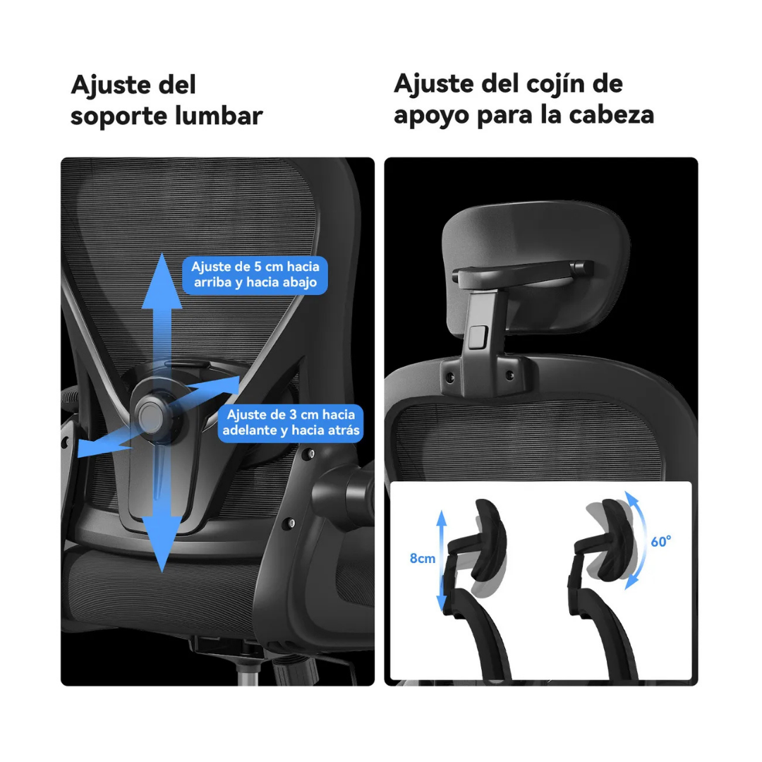 SILLA ERGONÓMICA PARA OFICINA CON SOPORTE LUMBAR AJUSTABLE -COLOR NEGRO