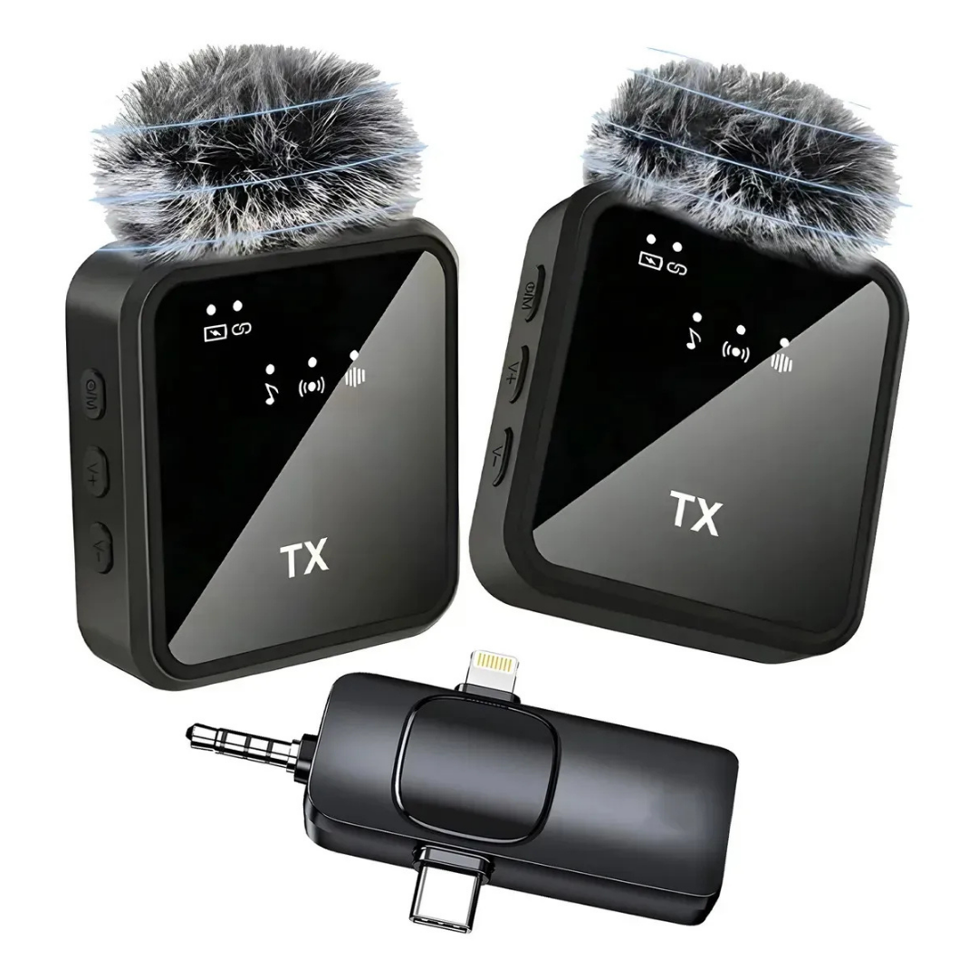 PACK 2 MICRÓFONOS INALÁMBRICOS 3 EN 1 PARA IPHONE, ANDROID Y PC -NEGRO