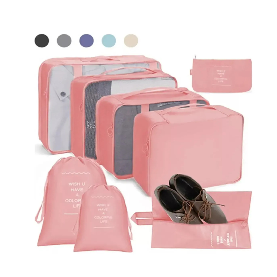 KIT ORGANIZADOR DE MALETA SET DE 8 BOLSAS PARA VIAJE Y EQUIPAJE- COLOR ROSADO