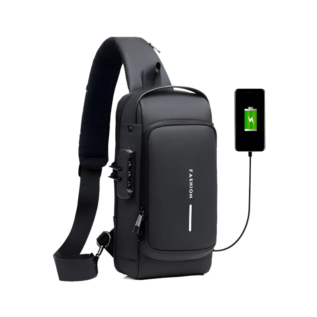 BOLSO MOCHILA BANDOLERO ANTIRROBO CON PUERTO USB -COLOR NEGRO