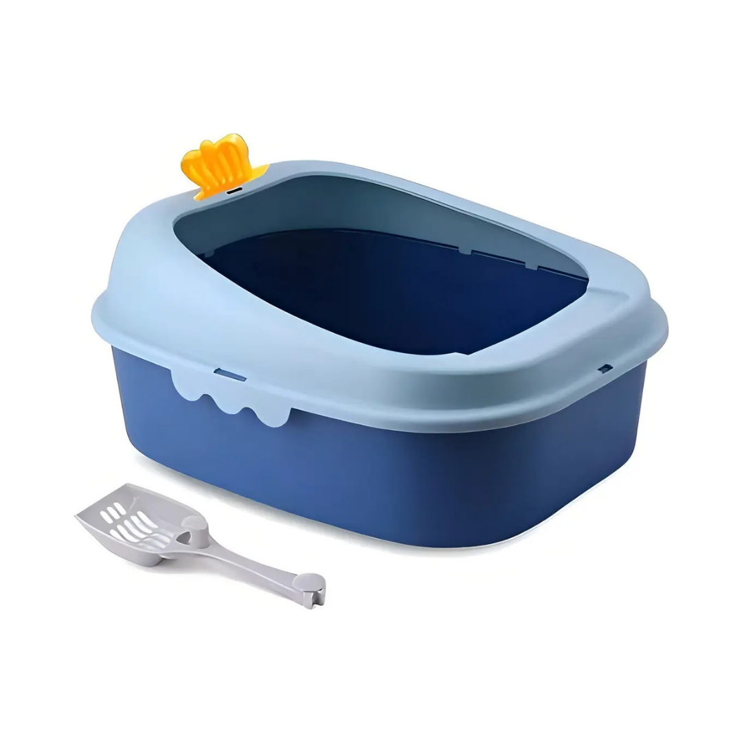 ARENERO PARA GATOS ABIERTO DE PLÁSTICO AZUL CON PALA
