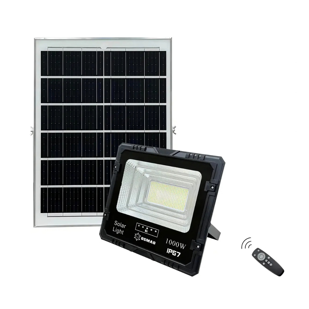 FOCO SOLAR LED 1000W EXTERIOR IP67 CON PANEL SOLAR Y CONTROL REMOTO