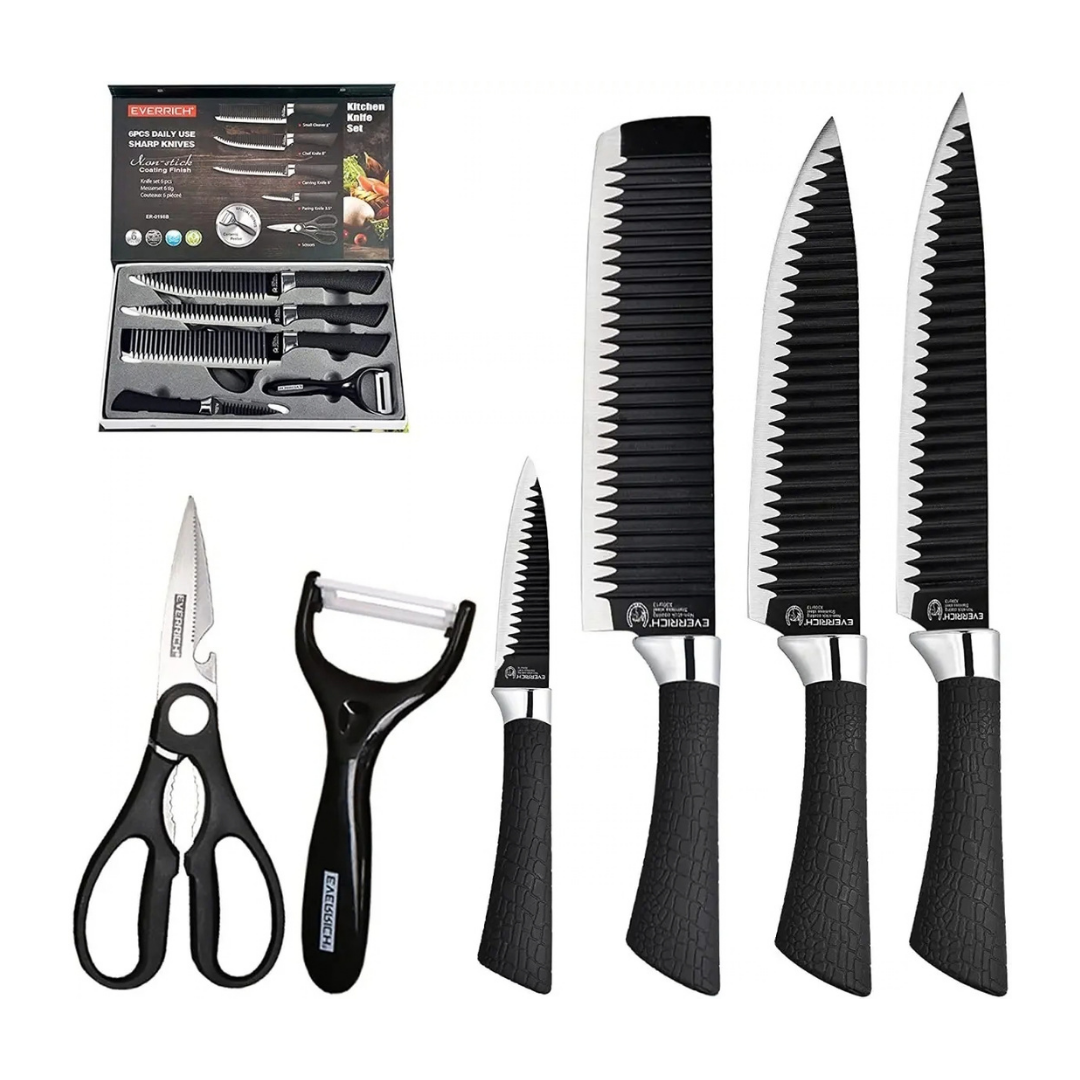 SET DE 6 CUCHILLOS DE COCINA WITMU PRO ACERO INOXIDABLE NEGRO