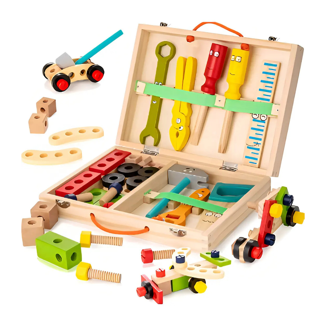 SET HERRAMIENTAS DE MADERA PARA NIÑOS 36 PIEZAS CON MALETÍN PORTÁTIL.