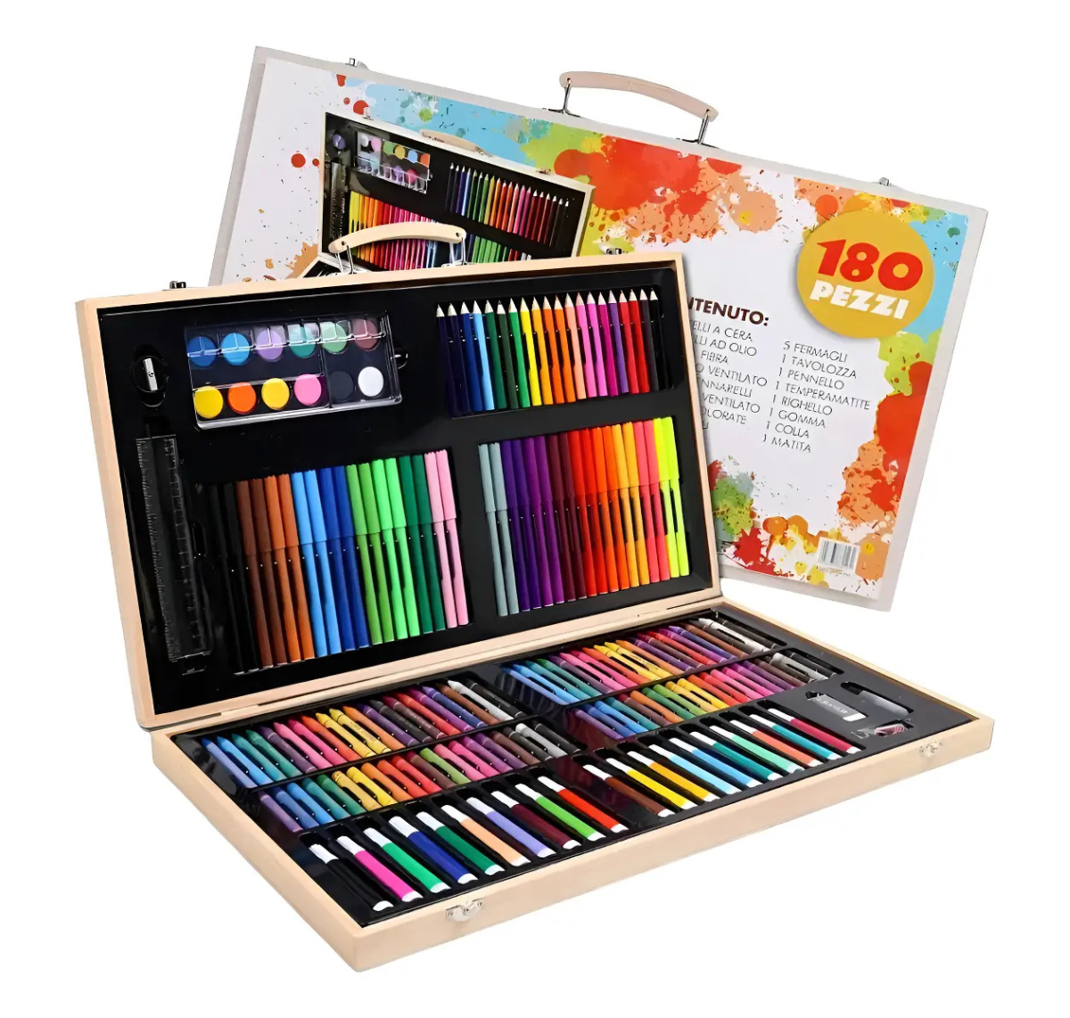 SET DE DIBUJO Y PINTURA 180 PIEZAS EN MALETA DE MADERA PARA NIÑOS