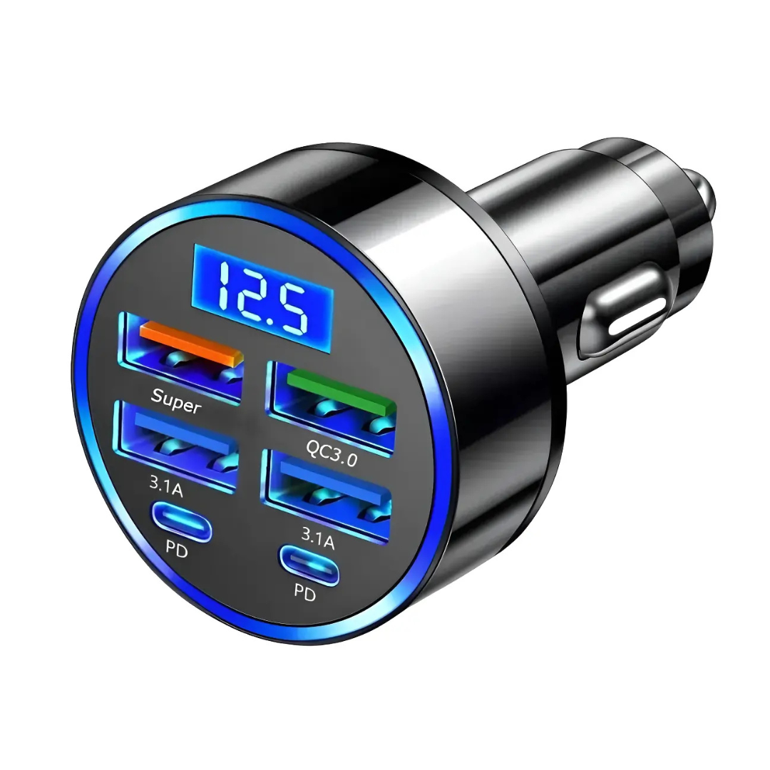 CARGADOR AUTO CARGA RÁPIDA 66W 6 PUERTOS USB Y USB-C QC 3.0 UNIVERSAL