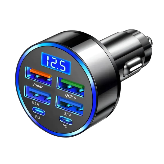 CARGADOR AUTO CARGA RÁPIDA 66W 6 PUERTOS USB Y USB-C QC 3.0 UNIVERSAL