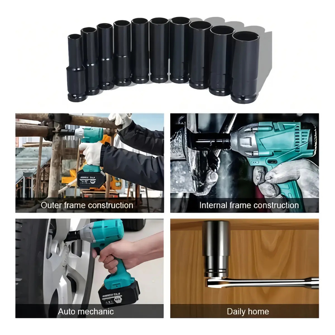 SET DE 10 DADOS DE IMPACTO 1/2" ACERO AL CARBÓN 8-17 MM CON ESTUCHE