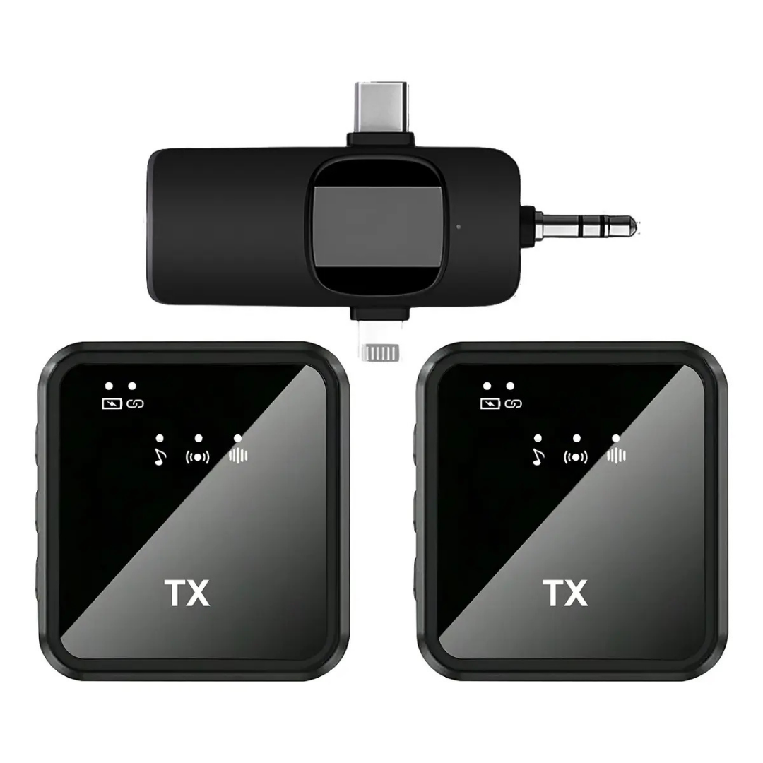 PACK 2 MICRÓFONOS INALÁMBRICOS 3 EN 1 PARA IPHONE, ANDROID Y PC -NEGRO