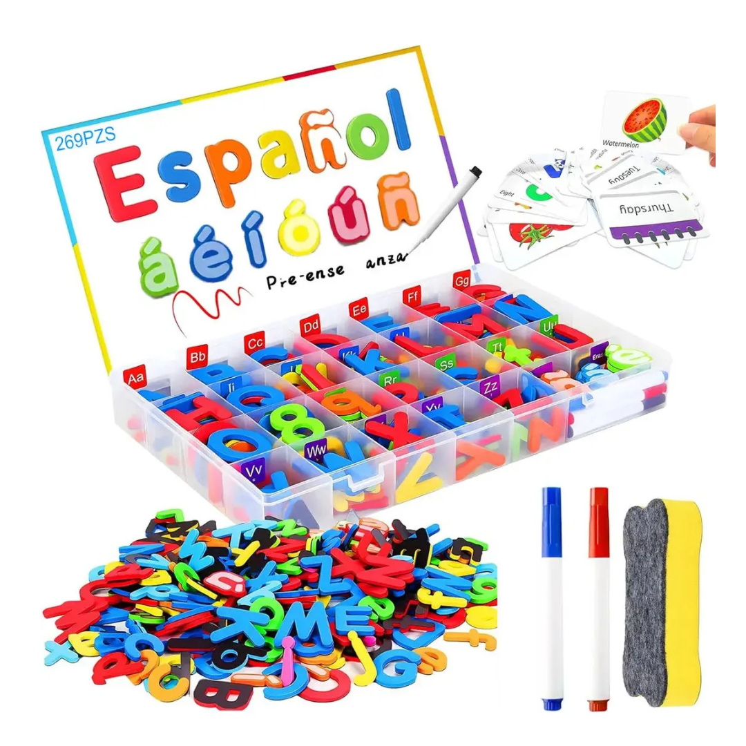 JUEGO DE LETRAS MAGNÉTICAS PARA NIÑOS CON PIZARRA, TARJETAS, MARCADORES Y BORRADOR 269 PIEZAS