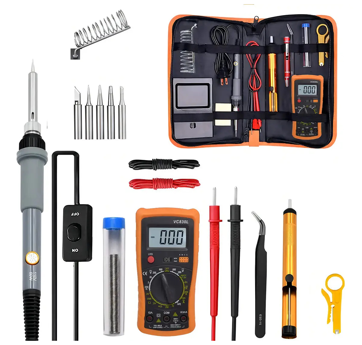 KIT TESTER DIGITAL Y CAUTÍN SOLDADOR 60W CON ACCESORIOS