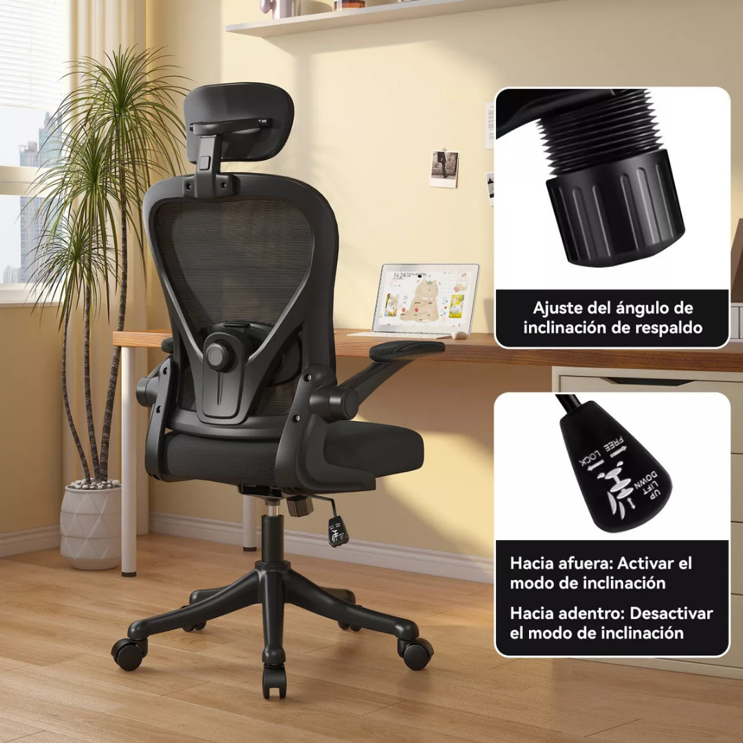 SILLA ERGONÓMICA PARA OFICINA CON SOPORTE LUMBAR AJUSTABLE -COLOR NEGRO