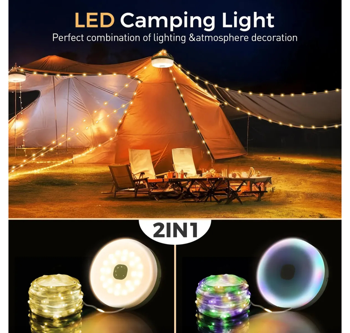 CADENA DE LUCES PARA CAMPING 10 METROS -RECARGABLE CON 8 MODOS