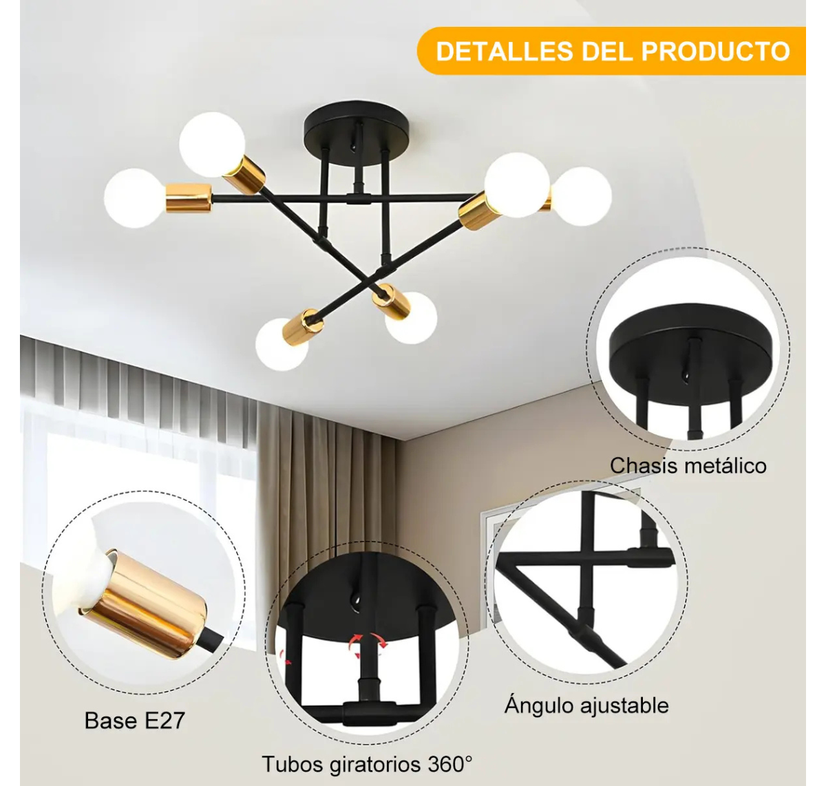 LÁMPARA DE TECHO MODERNA 6 LUCES E27 NEGRO Y DORADO
