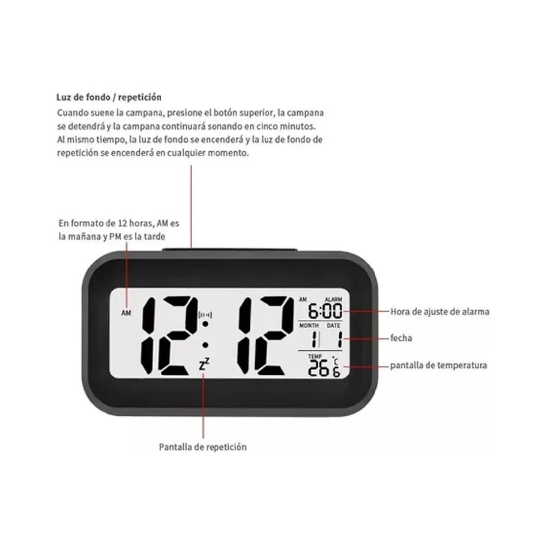 RELOJ DESPERTADOR DIGITAL LED CON FECHA Y TEMPERATURA - 14CM