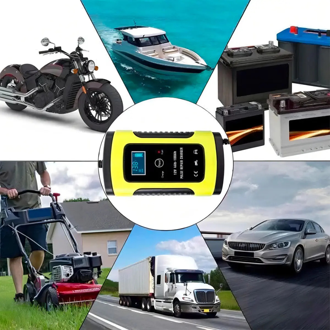 CARGADOR DE BATERÍA INTELIGENTE 12V 6A CON PANTALLA LCD PARA AUTO Y MOTO