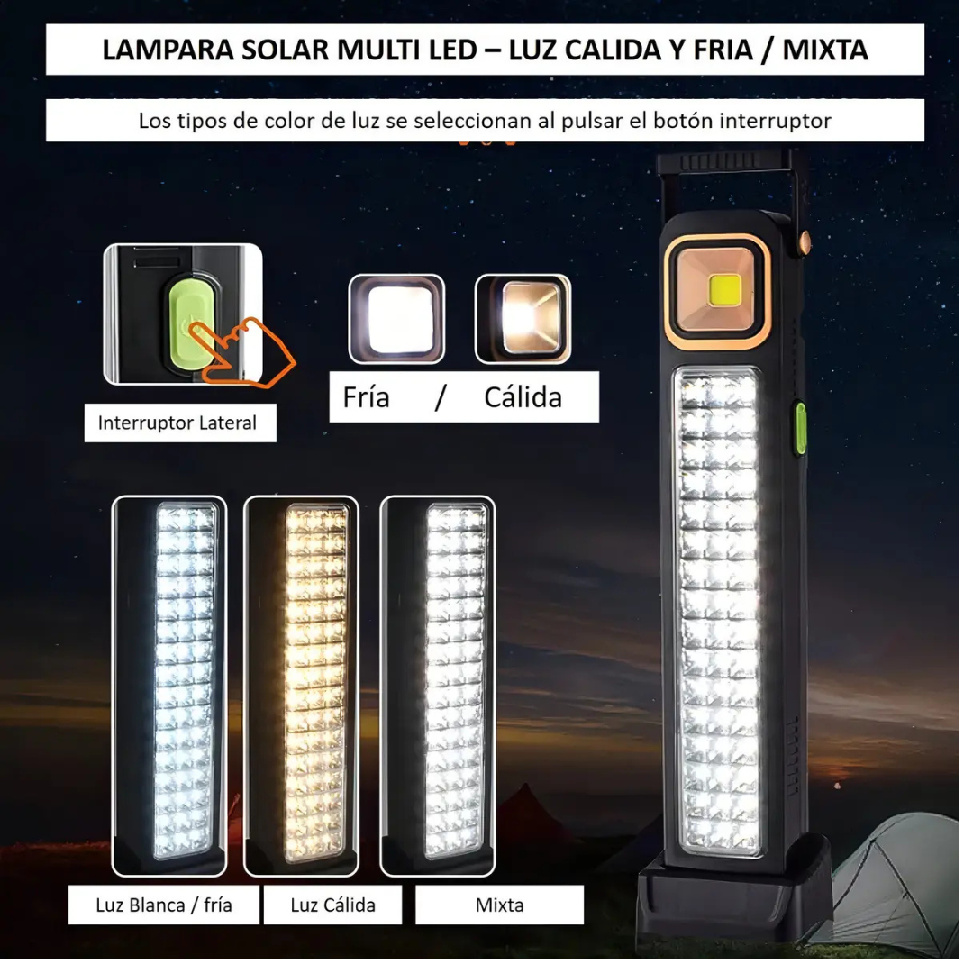 LÁMPARA SOLAR DE EMERGENCIA RECARGABLE 48 LED + FOCO COB USB-C NEGRA