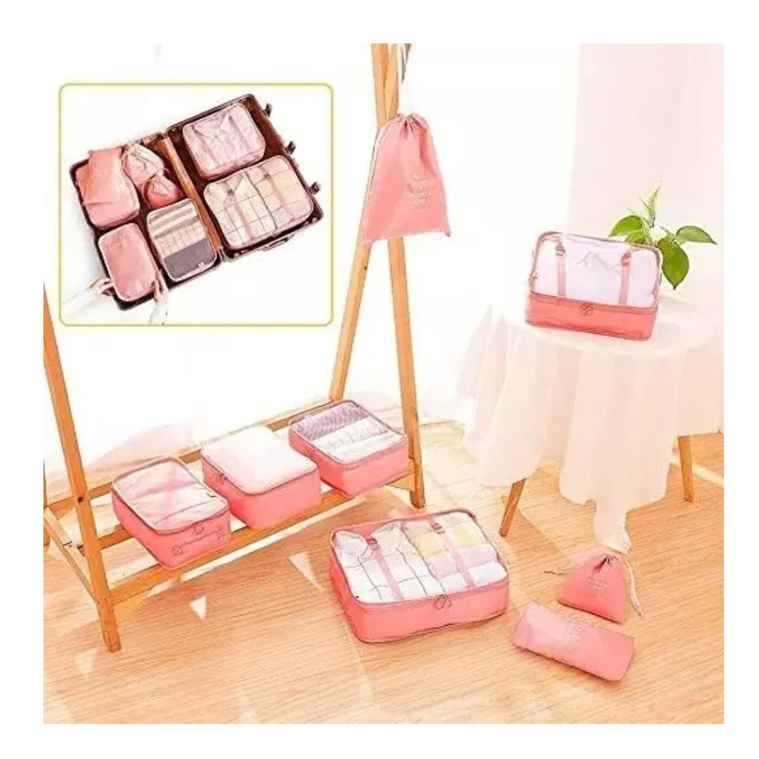 KIT ORGANIZADOR DE MALETA SET DE 8 BOLSAS PARA VIAJE Y EQUIPAJE- COLOR ROSADO