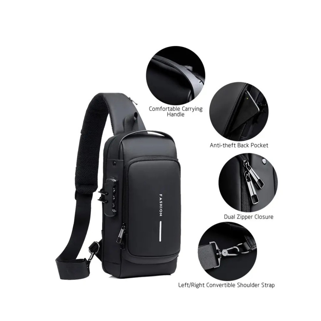 BOLSO MOCHILA BANDOLERO ANTIRROBO CON PUERTO USB -COLOR NEGRO