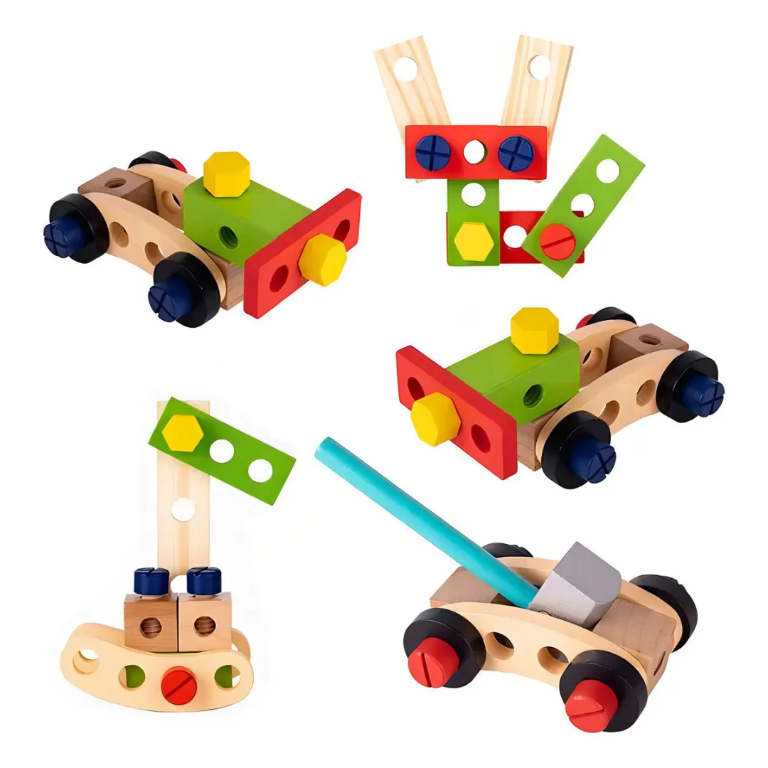SET HERRAMIENTAS DE MADERA PARA NIÑOS 36 PIEZAS CON MALETÍN PORTÁTIL.