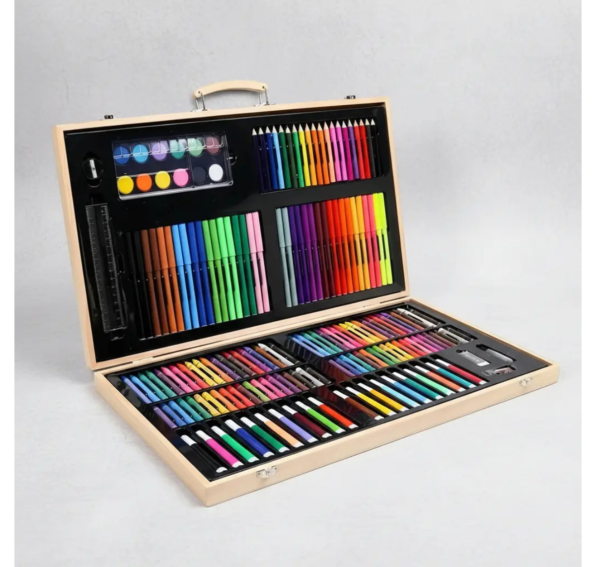 SET DE DIBUJO Y PINTURA 180 PIEZAS EN MALETA DE MADERA PARA NIÑOS