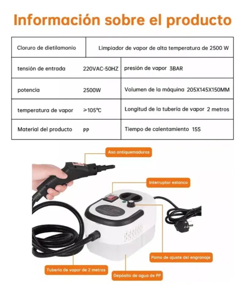 LIMPIADOR A VAPOR PORTÁTIL 2500W MULTIFUNCIONAL 1.2L BLANCO
